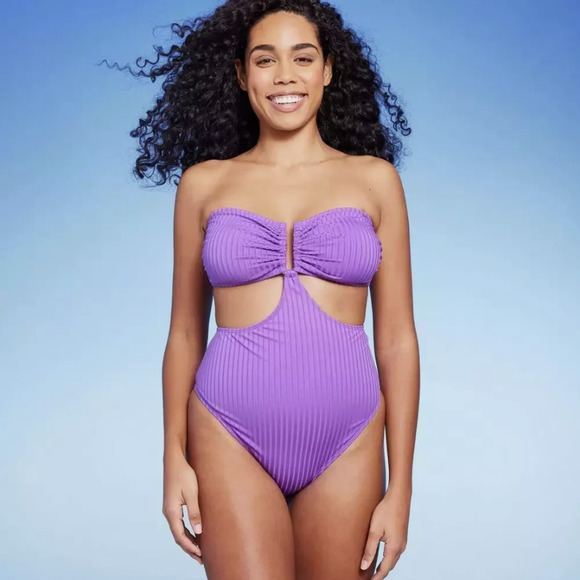 Shade & Shore Women's Bandeau Cut Out One Piece Swimsuit Monokini, Purple XL - Picture 1 of 10